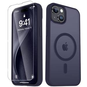 lot 12141 image: for iPhone 15 Plus Case, iPhone 14 Plus Case, Matte Magnetic Phone Cover with 1 Screen Protector Support for MagSafe Shockproof Military Grade Protection Translucent Frosted Back, Deep Purple