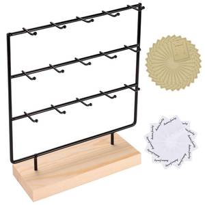 lot 12408 image: RNTBWD Earring Display Stands for Selling, 3 Tier 15 Hooks Wood Jewelry Organizer Rack for Earrings, Necklaces, Rings, Bracelets, Keychains - Compact for Countertop, Boutique, Trade Shows (Black)