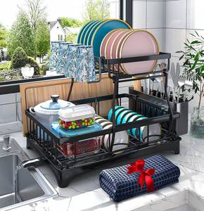 lot 13751 image: Godboat Dish Drying Rack, 2-Tier Dish Rack with Auto-Drain & Mat, Dish Racks for Kitchen Counter, Dish Drainer with Knife, Fork & Cup Rack, Gifts for Women, Mothers Day, Cool Stuff & Kitchen Gadgets