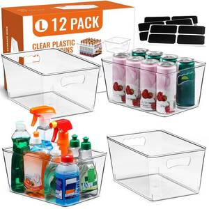 lot 13756 image: 12 PACK LARGE Clear Storage Bins with Handles & Labels, Multiuse Plastic Pantry Organizer Bins for Home Kitchen, Fridge, Freezer, Cabinet, Closet, Bathroom, Shelf, Laundry, RV, Under Sink Organization