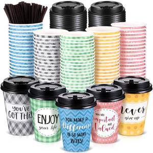 lot 13772 image: Gerrii 100 Pack Disposable Coffee Cups with Lids and Straws, Motivational Paper Hot Cups with 6 Quotes and Designs for Water, Juice, Coffee, Tea, Home, Shop Cafe (16 Oz,Fresh Style)