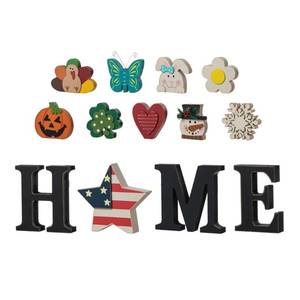 lot 13773 image: Glitzhome Interchangeable Home Table Signs with 13 Pcs Seasonal Icons, Wooden Changeable Home Sign for Holiday Decor, HOME Letter Sign Ornaments Set Interchangeable Holiday Decorative Shelf Blocks