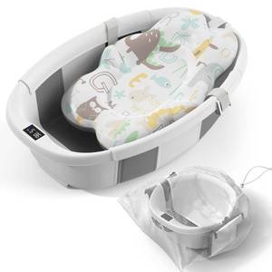 lot 13777 image: Collapsible Baby Bathtub - Large Baby Bath Tub with Thermometer & Cushion  Travel Portable Newborn Infant Bathtub  Foldable Toddler Bathtub for Baby 0 to 36 Months (Grey)