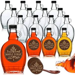 lot 13786 image: FoldTier 12 Pcs 8 oz Glass Maple Syrup Bottles Clear Reusable Glass Bottles with Lids Loop Handle and Maple Syrup Stickers Jars Container for Milk Potion Juice Sauce Oil Storage Gift(Stylish)