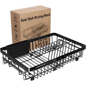lot 14257 image: MAJALiS Expandable Stainless Steel Over The Sink Dish Drying Rack for Small Kitchen Counter Space Saving, Compact RV Plate Drainer Strainer in Black Wire Metal with Hanging Adjustable Utensil Holder