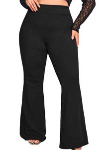lot 14263 image: WDIRARA Womens Plus Size Elastic High Waist Flare Bell Bottom Ribbed Knit Long Pants Black 3XL