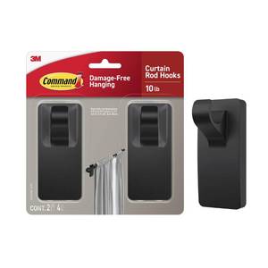 lot 14278 image: Command 10 lb Matte Black Curtain Rod Hooks, 2 Hooks and 4 Strips, No Drilling Home Decor and Room Decor, Use with Rod Diameters 0.5-0.75