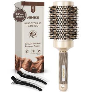 lot 14283 image: AIMIKE Round Hair Brush, Nano Thermal Ceramic & Ionic Tech, 2.1 Inch Barrel with Boar Bristles for Enhanced Texture, Golden, Hair Drying, Styling, Curling and Shine  4 Free Clips