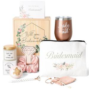 lot 14289 image: Frerdui Bridesmaid Proposal Gifts Box, Will You Be My Bridesmaid Gift Wooden Box, Bachelorette Party Gift, 12 oz Stainless Steel Wine Tumbler Cup, Bride Tribe, Engagement Wedding Gifts
