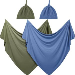 lot 14294 image: JaGely 2 Pcs Stretchy Baby Swaddle Blankets Set Extra Soft 47 x 47 Baby Newborn Swaddle Blanket and Hat(Blue, Army Green)