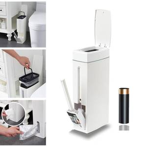 lot 14315 image: Rv Camper Trash Can Inside Space Saving & Odor-Proof, Skinny Bathroom Trash Can and Toilet Brush Set, Ultra Slim Trash Can Bathroom with Lid, Small Garbage Can Tiny Trash Bin Built-in Bag Dispenser