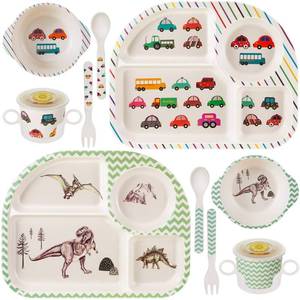 lot 14324 image: Roshtia 4 Pcs Cartoon Bamboo Kids Dinnerware Set Dinosaur Car Bowl Set Dishwasher Safe Utensils Set Car Dinosaur Forks and Spoons for Kids with Cup