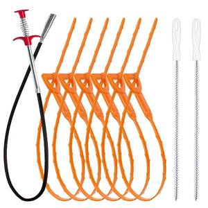 lot 14366 image: 35.5inch Drain Clog Remover(1pcs), 25inch Drain Snake Hair Remover(6pcs) �� Cleaning Brush(2pcs), Hair Catcher Drain Auger Cleaner Tool Set For Toilet, Kitchen Sink, Bathroom Tub, Sewer, 9 Pack