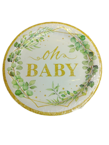 lot 14388 image: Oh Baby Paper Plates with Gold Foil and Green Botanical Design Approx. 80-100pc