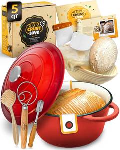 lot 15789 image: CRUSTLOVE Dutch Oven for Bread Baking - incl. Sourdough Bread-Baking Supplies like Banneton Bread-Proofing Basket - 5QT Enameled Cast Iron Bread-Oven with Lid, Bread-Pan Sour Dough Starter Kit