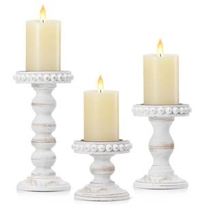 lot 15795 image: Mumufy 3 Pcs Candle Holders for Pillar Candles Rustic Farmhouse Home Decor Decorative Washed Beaded White Black Wood Candle Holder Country Style for Table Mantel Fireplace Wedding (White,Small)