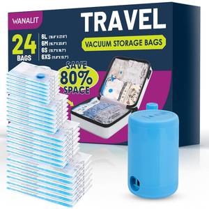 lot 15807 image: Vacuum Storage Bags for Travel, 24 Pack (6L6M6S6XS) Vacuum Seal Bags with Wireless Rechargeable Electric Pump, Travel Essentials Space Saving Bag for Clothes, Luggage, Carry-on Suitcase, Backpack