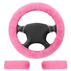 lot 16217 image: 3 PCS Fluffy Steering Wheel Cover Set, 15 Furry Car Wheel Cover, 2 Seat Belt Shoulder Pads, Anti-Slip Fur Steering Wheel Cover, Winter Warm Fluffy Car Accessories for Women, Pink
