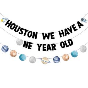 lot 16252 image: Bessmoso Outer Space First Birthday Banner Houston We Have a One Year Old Party Decorations Rocket Astronaut Solar System Planet 1st Celebration Party Hanging First Trip Around The Sun Supplies