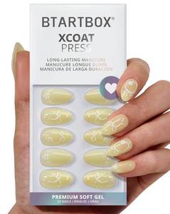 lot 16256 image: BTArtbox Press On Nails Short - Garden Trellis, Lamp-Curable 4-Week Wear 3D Bow Yellow Almond Press On Nails with Glue and Adhesive Tabs, Easy-to-Apply in 16 Sizes - 32 Nails All-in-One Kit