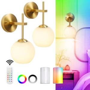 lot 19622 image: Battery Operated Glass Wall Sconce Set of Two, Gold Wall Sconce, Frosted Glass Shade, Rechargeable LED Bulb,15 Colors Dimmable, Suitable for Bedroom, Living room,Bulb included (Frosted Circular)