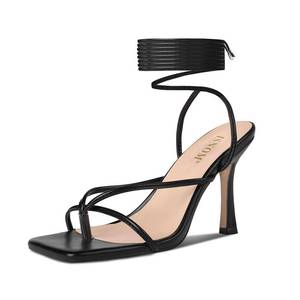 lot 19674 image: ISNOM Lace Up Heels Sandals for Women, Square Toe Open Toe Thong Strappy Heels Womens Stiletto Heeled Sandals -Black