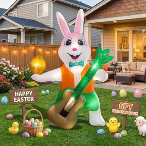 lot 19705 image: 6FT Easter Inflatables Yard Decorations,Blow Up Guitar Rabbit with LED Light for Easter Decorations Clearance,Easter Holiday Party Garden Home Indoor Outdoor Lawn Decor (Used)