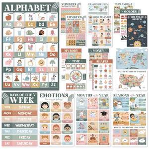 lot 20071 image: Educational Posters for Preschoolers - Laminated Pre-K and Kindergarten Learning Poster Charts for Toddlers 1-3-5 - Homeschool and Classroom Decor for Kids Walls (18 Modern Boho Educational Posters)