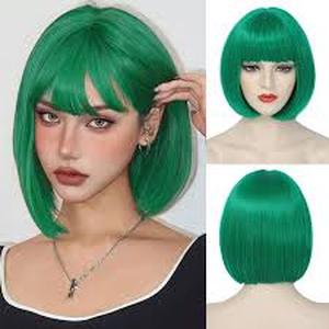 lot 4456 image: Green Bob Wig with Wig Cap Set