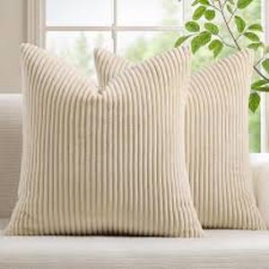lot 4491 image: Mecatny Corduroy Decorative Throw Pillow Covers 18x18 Set of 2 for Sofa Living Room, Soft Neutral Boho Couch Pillow Covers for Home Decor, Khaki