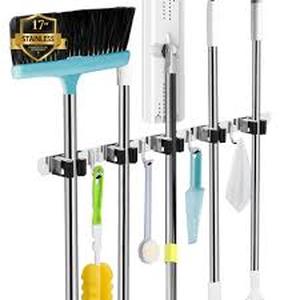 lot 4500 image: AceMining 5 Racks and 4 Hooks Mop and Broom Holder Wall Mount, Broom Organizer Storage Tool Racks Stainless Steel Heavy Duty Hooks Self Adhesive Solid Non-slip for Home Kitchen Garden Laundry Garage