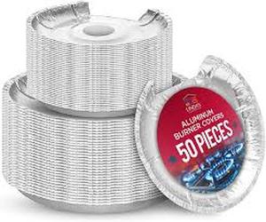 lot 4505 image: Heavy-Duty Aluminum Electric Stove Burner Covers (50 Pack) - Disposable Round Foil Liners (6 & 8 Inch), Non-Stick Drip Pan Protectors, Stove Top Covers, Great Kitchen Accessory for Easy Cleanup
