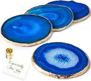 lot 6216 image: Set of 4 Blue Agate Slice abstract Coasters with Gold Rim