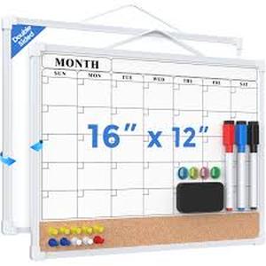 lot 6263 image: Monthly Calendar Dry Erase Board 16x12 Inch, Double-Sided Whiteboard and Corkboard Combo with Black MDF Frame, Wall Mounted Planner with Markers, Magnets, Push Pins, Eraser