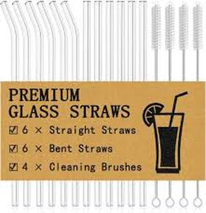 lot 12445 image: Reusable Glass  Drinking Straws Set with Cleaning Brushes