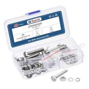 lot 14383 image: Kozelo 48 Piece Hex Bolts Assortment Kit with Washers (7 150pcs, 10 105.2pcs, 9 121.2pcs, 12 61.6pcs)