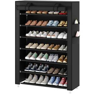 lot 1827 image: Laiensia 7-Tier Vertical Shoe Rack Organizer, Space Saving Shoe Storage Organizer, Non-Woven Cover Shoe Shelf Holds 28-35Pairs for Bedroom, Hallway, Closet Entryway, Black