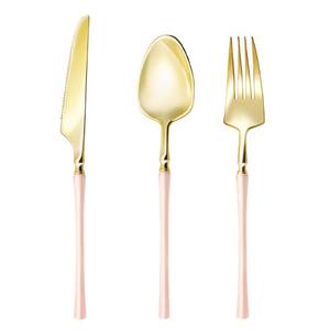 lot 1832 image: Lullaby 150pcs Gold Plastic Silverware, High End Disposable Cutlery with Pink Handle Include 50 Forks, 50 Spoons, 50 Knives, Perfect for Birthdays, Parties, Weddings, and More