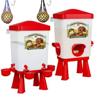 lot 3465 image: Chicken Feeder and Waterer Set, 3 Gallon16 LB Automatic Poultry Feeding System with Hanging Option, No Waste Feeder Ports & Water Cups, BPA-Free, Ideal for Hens Ducks and Poultry