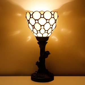 lot 3482 image: AVIVADIRECT Small Tiffany Lamp Mini Stained Glass Table Lamp Cream Bead Accent Desk Uplight W6 H13.5 Inch Bronze Resin Base
