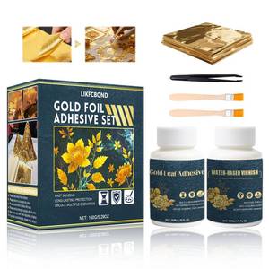 lot 4111 image: Gold Leaf Sheets for Art Gilding Adhesive Set 50ml Water Based Metal Leaf Glue and 50ml Protective Varnish, Gold Foil Sheets 50 pcs for Painting, Furniture and Decoration