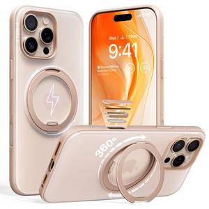 lot 4130 image: TORRAS 360 Magnetic Stand for iPhone 16 Pro Case, Ostand 3.0 Fit for MagSafe 4X Mil-Grade Shockproof Rotatable Kickstand Cover, Camera Control Button, Translucent Desert Titanium, O3 Fitness