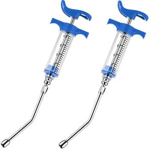 lot 4146 image: 2 Pieces Syringe with 2 Drench Nozzle 20ml Adjustable Dosage Reusable Drench Gun Syringe for Sheep, Goats(Blue)