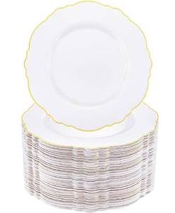 lot 6432 image: WDF 60pcs Gold Plastic Dinner Plates -10.25inch Baroque White and Gold Plates Fancy Plastic Plates for Upscale Bridal Shower & Wedding & Birthday