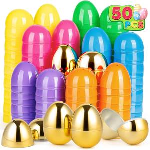 lot 6452 image: Jumlys 50 PCS 2.4 Plastic Easter Eggs, 42 PCS Empty Easter Eggs Bulk with 8 Golden Eggs, Fillable Eggs with Hinge, Perfect for Easter Hunt, Basket Stuffers Fillers and Easter Theme Party Favors