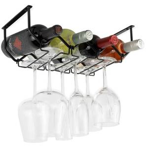 lot 6465 image: Wallniture Piccola Under Cabinet Wine Rack & Glasses Holder Kitchen Organization with 4 Bottle Organizer Metal Black
