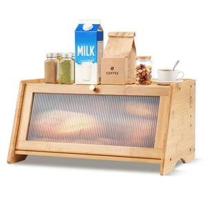 lot 9436 image: Bamboo Breadbox for Kitchen Countertop, Farmhouse Large Capacity Bread Container Storage Bin with Striped Window Door Panel, Vintage Bread Holder for Bagels, Muffins, Cupcakes & Cookies (Natural)