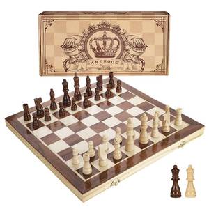 lot 9437 image: AMEROUS 15 Inches Magnetic Wooden Chess Set - 2 Extra Queens - Folding Board - Pieces Storage Slots, Handmade Portable Travel Chess Game - Beginner Chess Set for Kids, 6 up Age