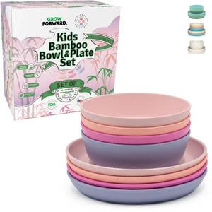 lot 9442 image: Grow Forward Bamboo Kids Plates and Bowls Sets - 8-Piece Dishwasher Safe Non Toxic Plates for Kids - Reusable Eco Friendly BPA Free Dishes Dinnerware Sets for Children - Floral