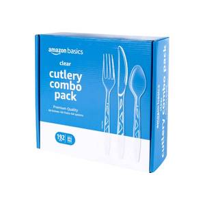 lot 9444 image: Amazon Basics Disposable Clear Assorted Cutlery Set, Premium Quality, 192 Count, Large Combo Pack Forks, Spoon and Knives